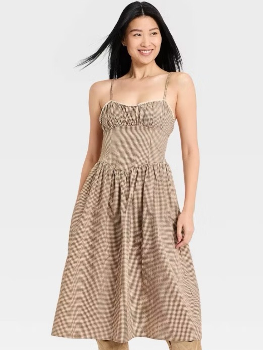 A New Day Corset Brown & White Gingham Midi Dress